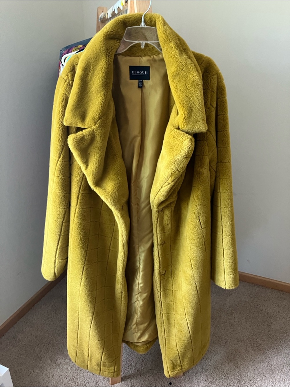 Eloquii Chartreuse Dimensional Plaid  Faux Fur Long Teddy Coat Cozy Soft 22/24